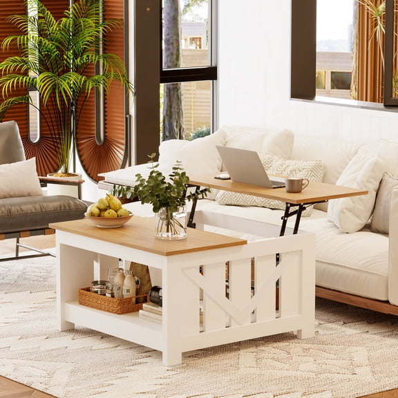 GUNAITO Table Basse à Plateau Relevable avec Armoire de Rangement et 2 Compartiments pour Salon, Blanc, 31,5 Pieds'H X 31,5 Pieds'L Po