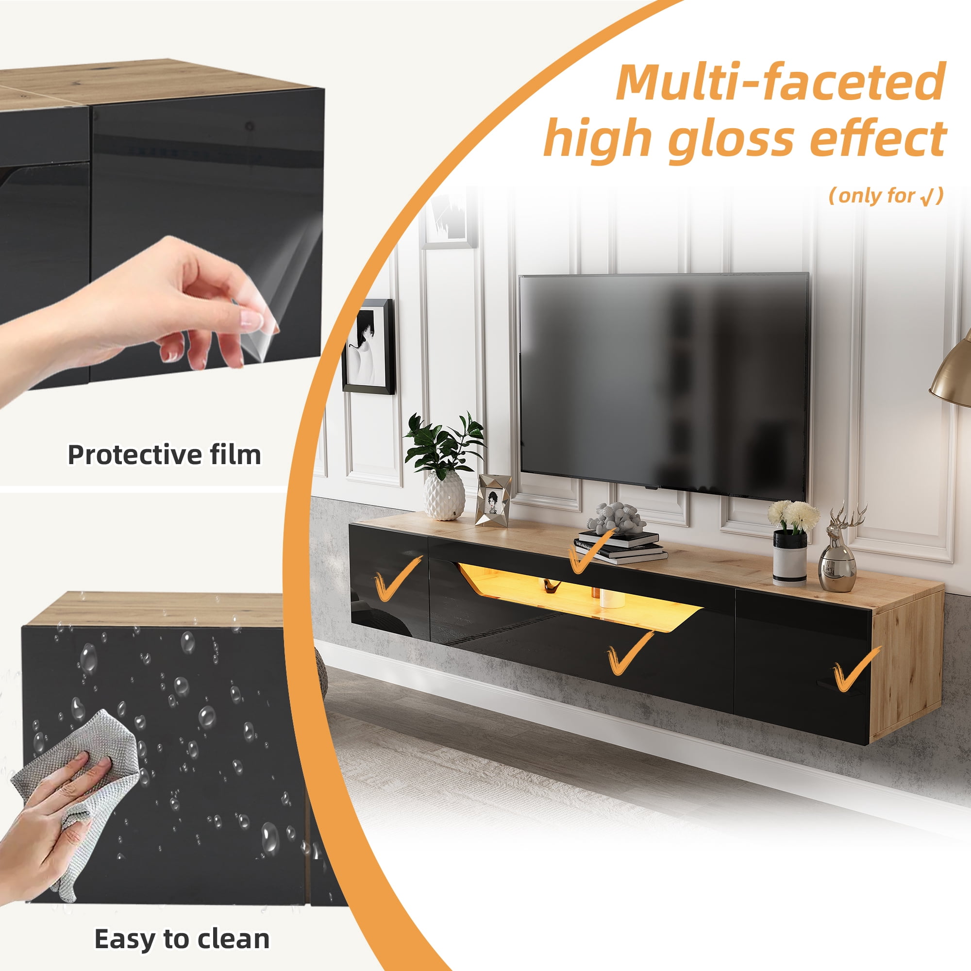 Homy Casa 64.9" Wall-Mounted TV Stand with LED Lights and 3 Storage Compartments, Black and Natural