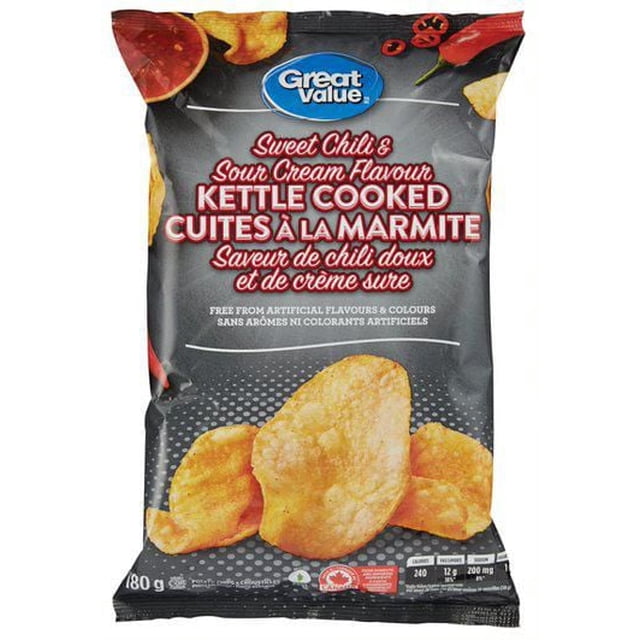 Great Value Sweet Chili and Sour Cream Kettle Cooked Potato Chips bag with black background featuring red chili peppers and potato chips, labelled kettle cooked with mild spice and free from artificial flavours and colours, 180 g, suitable for snack and grocery use in Canada.