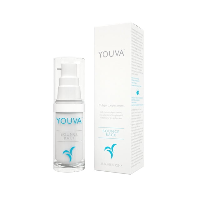 YOUVA Bounce Back Organic Collagen Complex Serum in a white pump bottle with clear cap next to its white box packaging, featuring blue and grey text about organic collagen, hydration, and skin nourishment for face and eye area, 15 ml size, often used to support skin microcirculation and soothe inflammation.