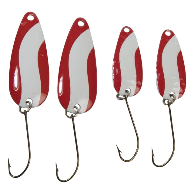 Lucky Strike Baitworks Red and White Devil Bait Value Pack with four medium gauge steel fishing spoons plated in nickel, featuring red and white curved patterns and single hooks, designed for running depths of 2 to 15 feet with narrow wobble action, ideal for freshwater anglers.