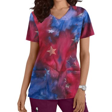EGNMCR Tuniques Médicales pour Femmes Mode pour Femmes Manches Courtes Col en V Hauts Uniforme de Travail Impression de la Fête de l'Indépendance avec Poche Blouse Hauts Cadeaux pour Femmes