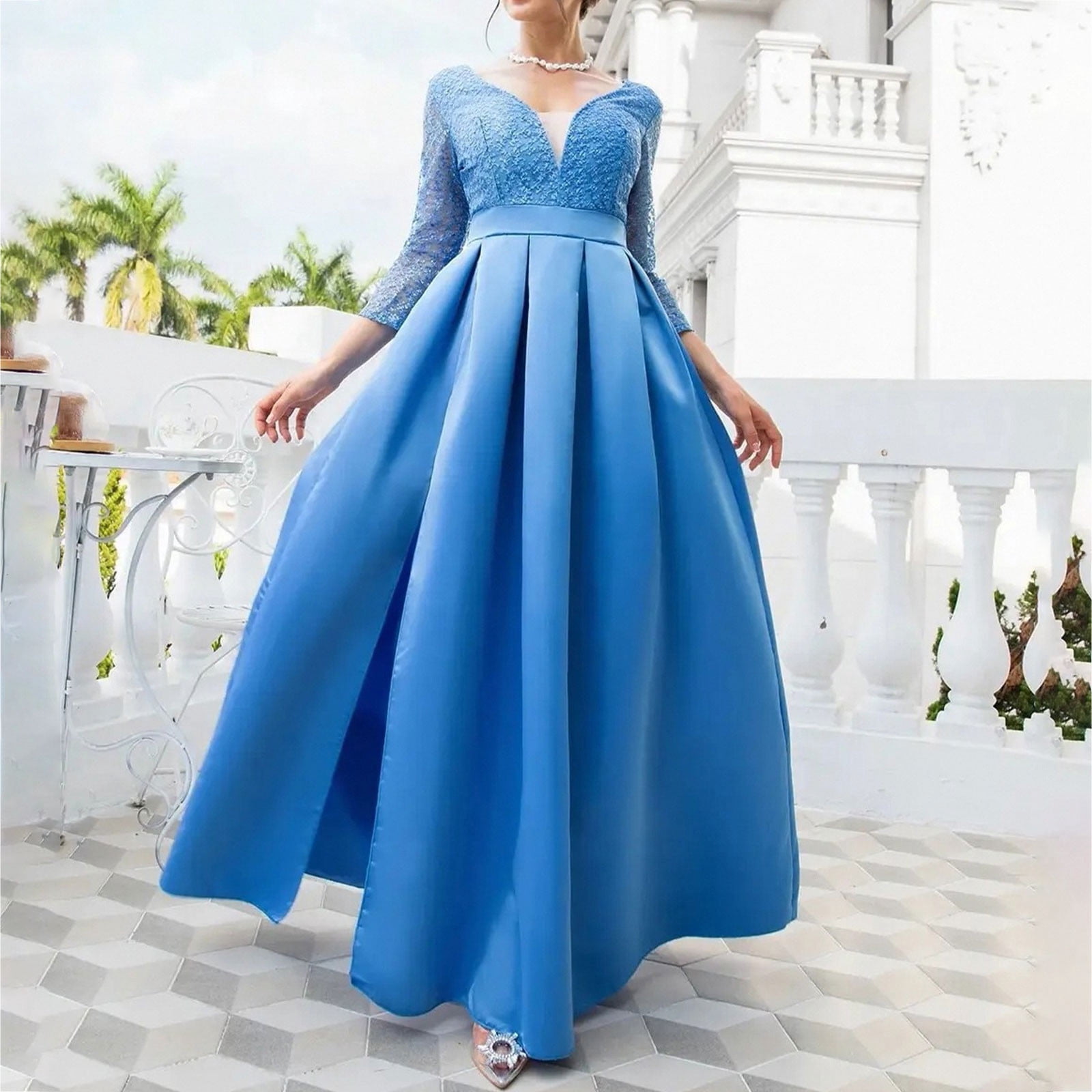EGNMCR Robes de Soirée pour Femmes, Robes Formelles pour Femmes, Robes de Cocktail pour Femmes Mode Femmes Col en V Manches Mi-Longues Uni Paillettes Fente Haute Manches Longues Robe de Soirée Longue Robe de Cocktail Femmes Robe