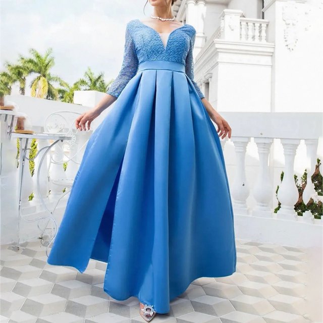 EGNMCR Robes de Soirée pour Femmes, Robes Formelles pour Femmes, Robes de Cocktail pour Femmes Mode Femmes Col en V Manches Mi-Longues Uni Paillettes Fente Haute Manches Longues Robe de Soirée Longue Robe de Cocktail Femmes Robe
