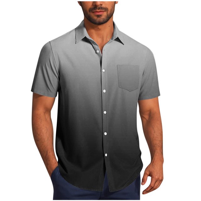 Pisexur Shirts for Man T Hommes Mode Décontractée Col Rabattu Impression Dégradée Manches Courtes Chemise Blouse Gris Foncé, Chemises de Golf Hommes & Chemises Hommes