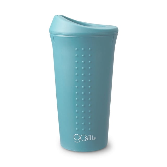 GoSili To-Go Cup, 16oz. Sky Blue reusable silicone travel mug with raised dot grip texture and spill-resistant lid, made from 100% European-grade platinum silicone, plastic-free and microwave safe, suitable for sustainable on-the-go beverage use.