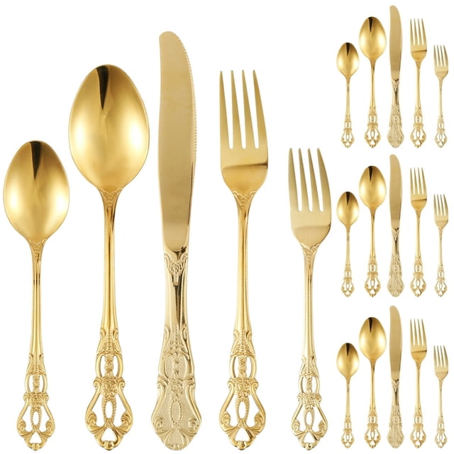 20Pcs Silverware Set Stainless Steel Flatware Set Retro Royal Western Tableware Cutlery Set with Cutter Spoon Fork Anti-Rust Kitchen Utensils Dishwasher Safe for Home Kitchen