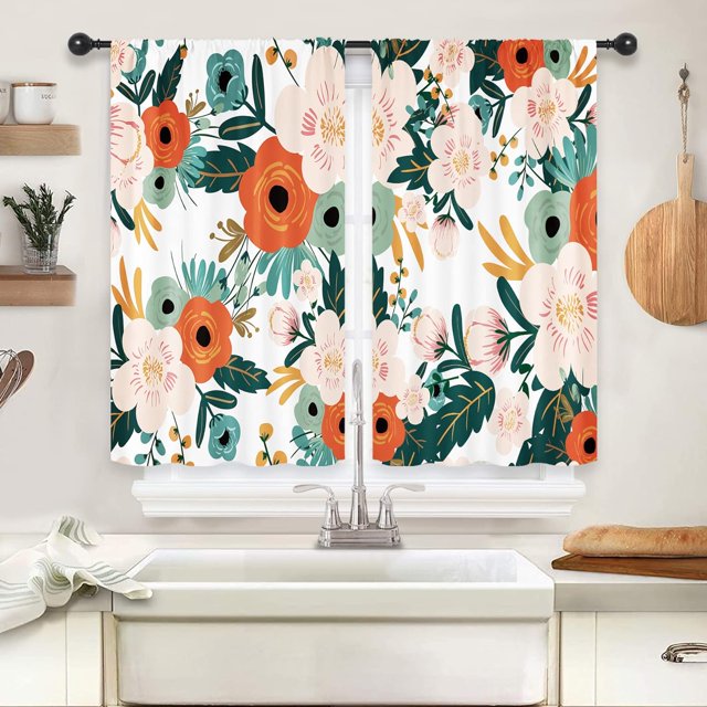 ORUYROP Rideaux de Cuisine à Fleurs Rouges 27,5x39 Pouces Pétales de Printemps Poche pour Tringle Boho Fleurs Feuilles Femme Plante Style Ferme Imprimé Salon Chambre Rideaux de Fenêtre Habillage Tissu 2 Panneaux