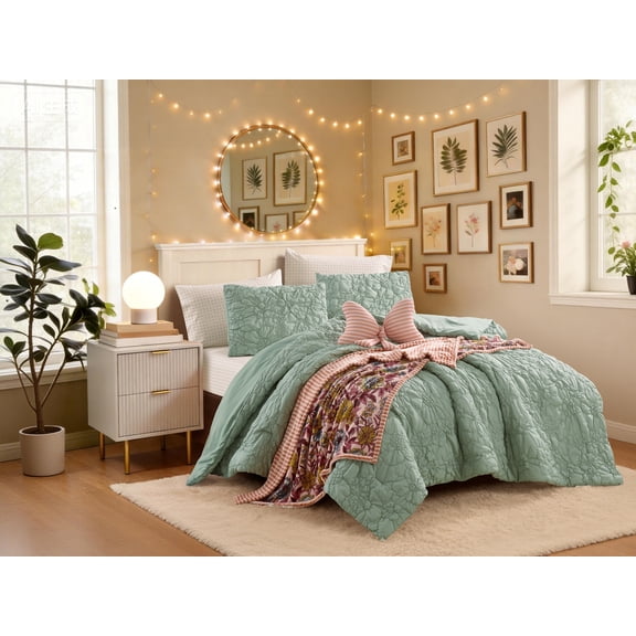 Mainstays Ensemble d’édredon à matelassage bobine élastique Simple, 2 pièces, Vert, Tous âges.,Toutes saisons