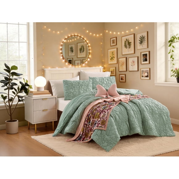 Mainstays Twin Elastic Bobbin Comforter Set, 2-Piece, Green, All Ages., All season