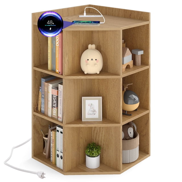 Costway 3-Tier Kids Corner Toy Storage Organizer with USB Ports and Outlets 9 Cubbies Natural