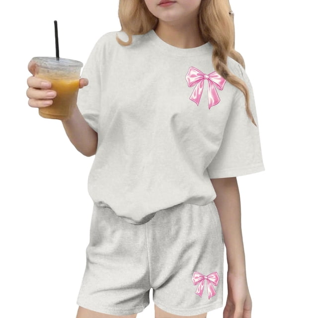 Robe d'Été à Manches Courtes Haut à Manches Courtes et Short Ensemble Deux Pièces pour Enfants Mignonne Détente d'Été Col Rond