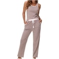 thumbnail image 1 of Cameland Pyjama Rayé pour Femmes Deux Pièces Col Rond Bas Sans Manches et Poches Décontractées Pantalon Long Ensemble de Nuit à la Maison, 1 of 7