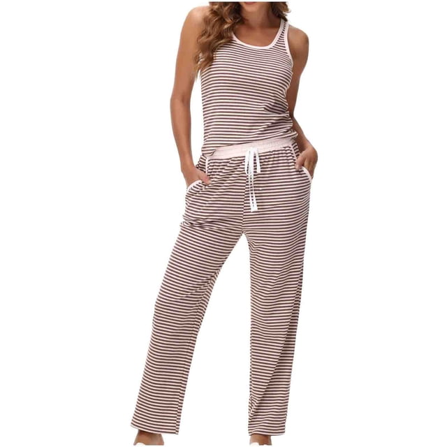 Cameland Pyjama Rayé pour Femmes Deux Pièces Col Rond Bas Sans Manches et Poches Décontractées Pantalon Long Ensemble de Nuit à la Maison