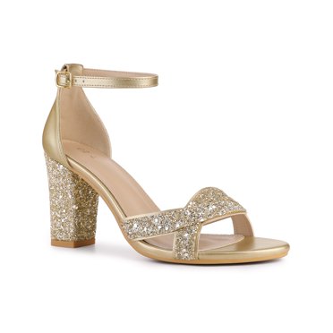 BLISSFUL STEP Chaussures pour Femmes Talon Épais Bride à la Cheville Bout Ouvert Sandales à Paillettes Or 8,5