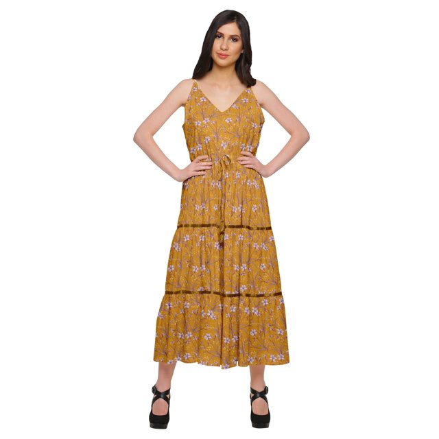 Moomaya Robe Longue maxi en Coton à Col en V Sans Manches à Bretelles Spaghetti Vêtements Décontractés
