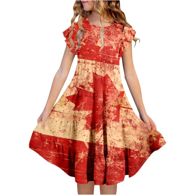 Robe Fille Enfant Tout-Petit Filles Fête du Canada Feuille d'Érable Drapeau Imprimé Manches Volantées Robe Florale Robe Fille Rouge 8 Ans-9 Ans