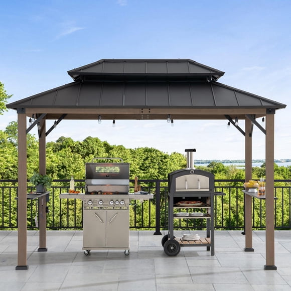 Sunjoy Outdoor Wooden Grill Gazebo,8ft. x 12 ft. Metal Hardtop Outdoor Gazebo for Year-Round Grilling, 2 Full Size Grills, Griddles or Smokers - Cook Station, Barbeque, Brown