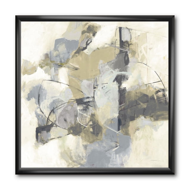 Designart Glam Cream Dream III Framed Wall Art with abstract grey, cream, and muted blue brushstrokes on premium cotton canvas, mounted in a 1.5-inch black frame. The piece includes fine linear details and arrives ready to hang with hardware, ideal for modern home décor.