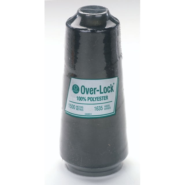 Coats Bobine Thread en Polyester Over-Lock Noire, 100 % Polyester avec une Longueur de 1500 Mètres (1635 yards), Convient à la Couture à Grande Vitesse et Offre une Résistance Uniforme, Présentée en Gros Plan sur une Étiquette Blanche Affichant les Détails du Produit.