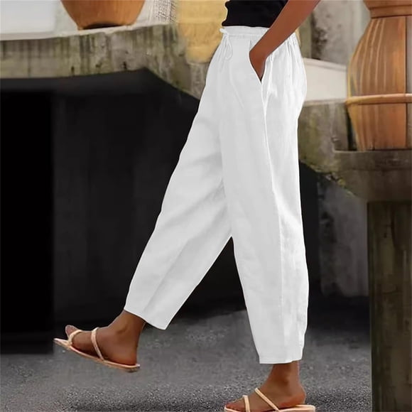 LOVZFMLL Women's Pants, Summer Fashion Solid Casual Elastic Waist Long Wide Leg Pants White, 2XL