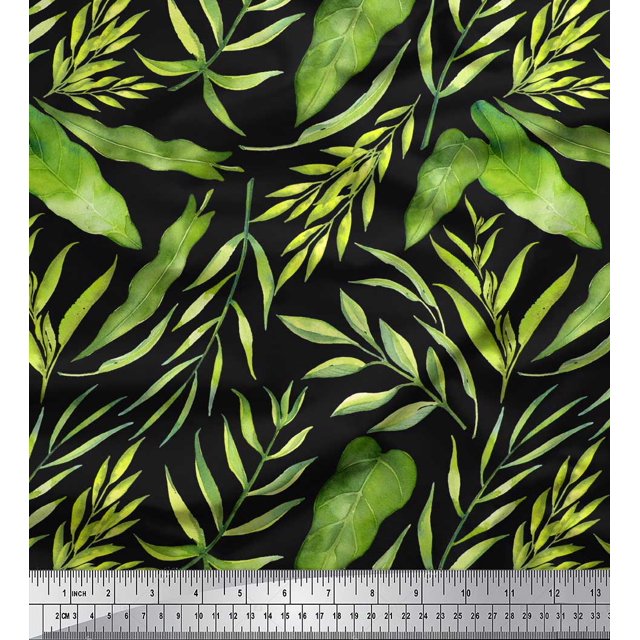 Soimoi Black Poly Georgette Fabric Leaf Leaves Decor Fabric Printed Yard 52 Inch Wide