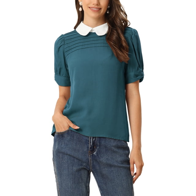 INSPIRE CHIC Blouse Plissée à Manches Courtes Bouffantes pour Femme à Col Peter Pan Contrastant Bleu Lac TP