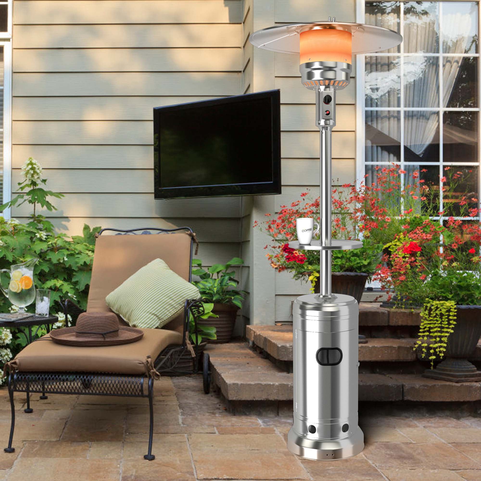 Costway Chauffage de Patio au Propane 50000 BTU sur Pied en Acier avec Roues Argent