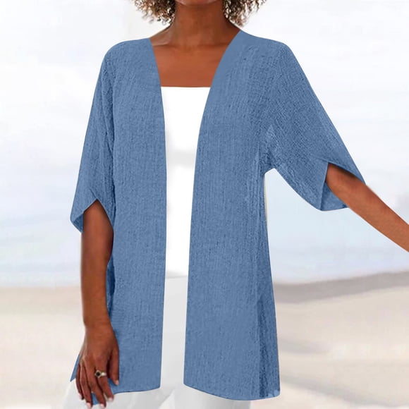 CFLVAEK Cardigan d'Automne pour Femmes Décontracté à Manches Courtes, Cardigan Long, Respirant, Uni, en Coton, Couvre-Maillot, Ouvert à l'Avant, Vestes de Plage