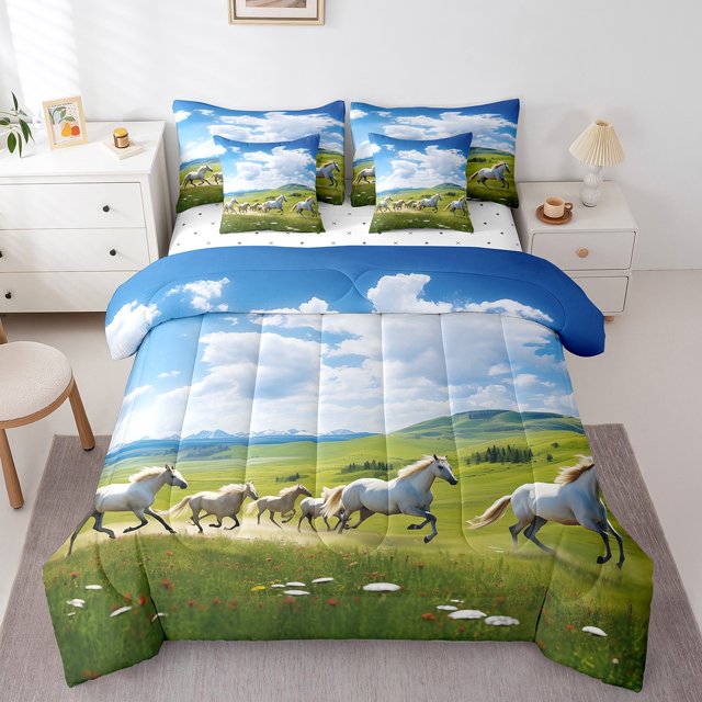 YST Galloping Horses Comforter Set, 7 Pieces, Kids Bedding Set, Full Size, Farm Animal Theme
