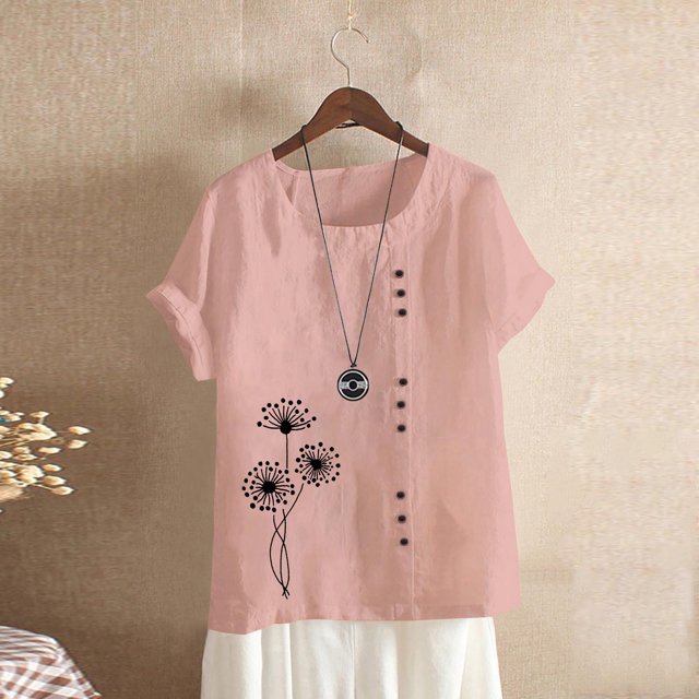 Pisexur T-Shirts d'Été en Coton et Lin pour Femmes Tops 2024 Mode Graphique Pissenlit Ample Décontracté Blouse d'Été Col Rond Manches Courtes Tops