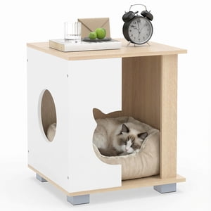 Gymax Table latérale pour lit de chat avec entrée en forme de tête & Table de chevet moderne pour les jambes métalliques