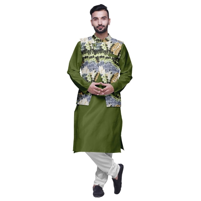 Atasi Indian Long Kurta Men Solid Kurta Pajama With Printed Nehru Jacket Set