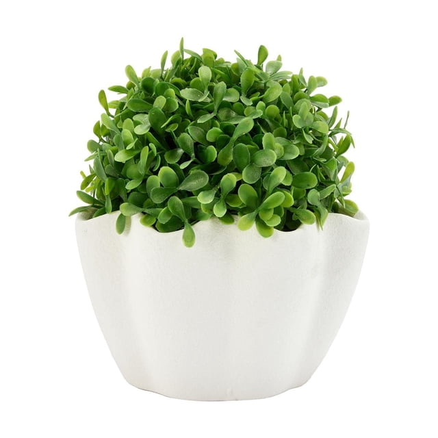 Anko Artificial Topiary in Wave Pot with a rounded cluster of green artificial leaves in a white decorative pot featuring a wave texture, designed to add natural greenery to home décor without maintenance and often used to brighten office spaces.