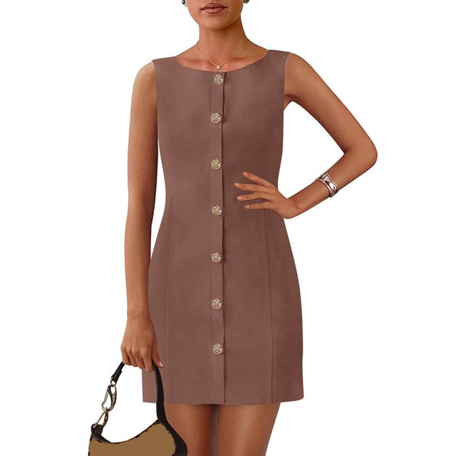 Ovzne Robes d'Été pour Femmes 2025 Robe Femme Mode Femme Couleur Unie Sans Manches Col Rond Bouton Robe Courte de Travail Robe de Printemps Liquidation