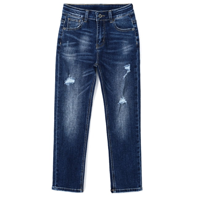 KIDSCOOL SPACE Little Boys Jeans,Elastic Band Inside Ripped Slim Fit Denim Pants,Deep Blue,5-6 Years