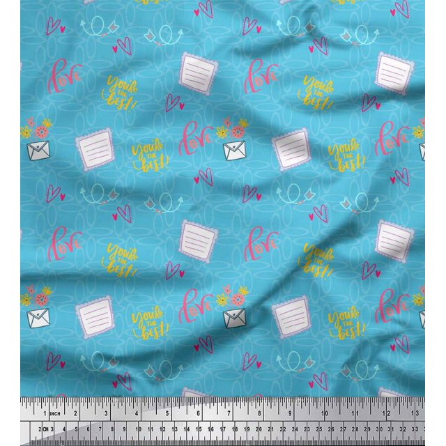 Soimoi Blue polyester Crepe Fabric Heart & Love Text Printed Craft Fabric by the Yard 52 Inch Wide