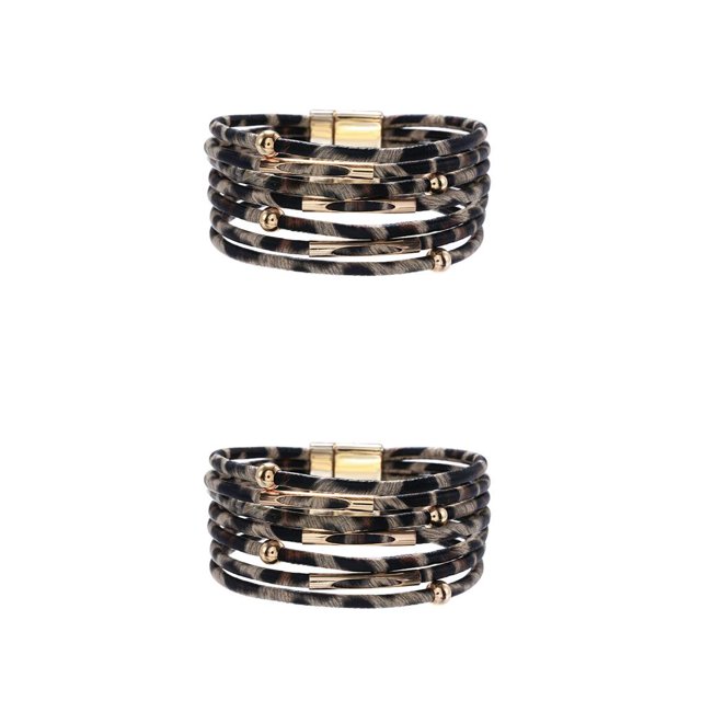 QualitChoice Bracelet Multi-layers Magnetic Buckle Leather Multi-colored Leopard Print Valentines Day Gifts Bracelets Hand Jewelry Light Brown 2Set