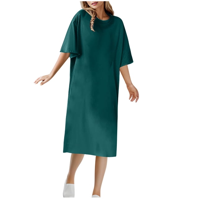 fatyb Robes d'Été 2025 pour Femmes Manches Courtes Décontractées Robes T-Shirt Col Rond Amples Unies Longues Robes