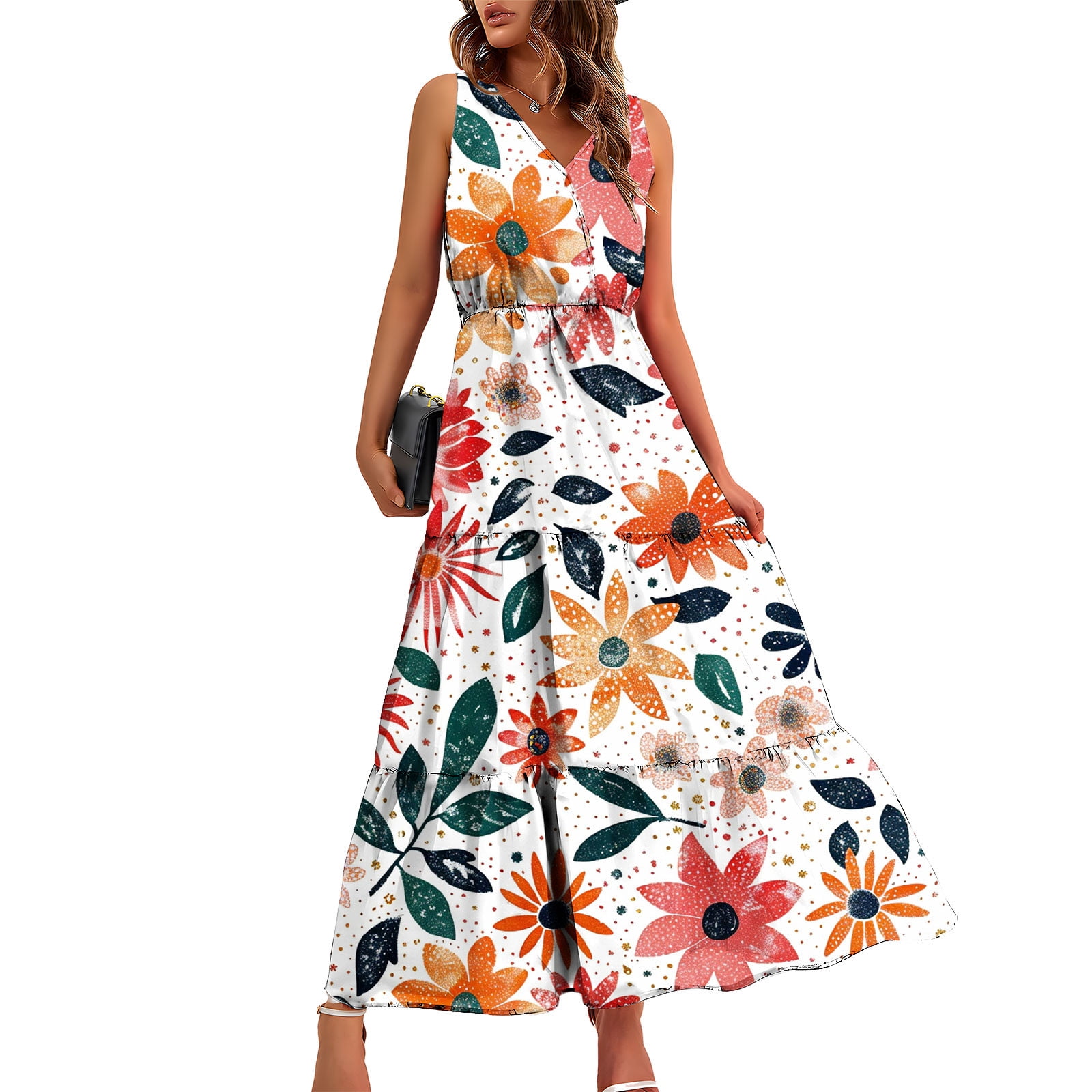 Pisexur Robes pour Femmes à Col en V Sans Manches Robe Maxi Taille Élastique Robe Évasée à Étages Robe d'Été Mode à Imprimé Floral Robe de Bal d'Été Décontractée Ample Longue Robe Confortable Fluide Robe Portefeuille pour Plage Vacances
