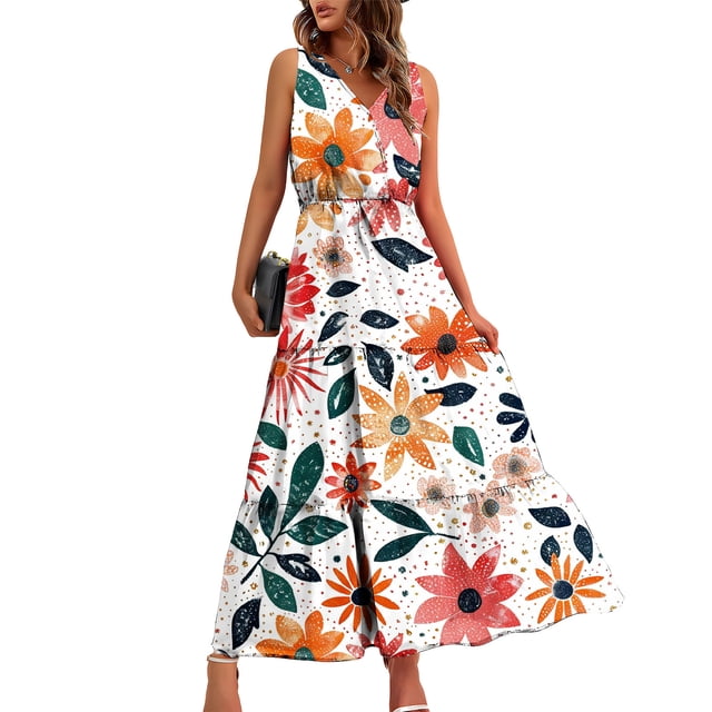 Pisexur Robes pour Femmes à Col en V Sans Manches Robe Maxi Taille Élastique Robe Évasée à Étages Robe d'Été Mode à Imprimé Floral Robe de Bal d'Été Décontractée Ample Longue Robe Confortable Fluide Robe Portefeuille pour Plage Vacances