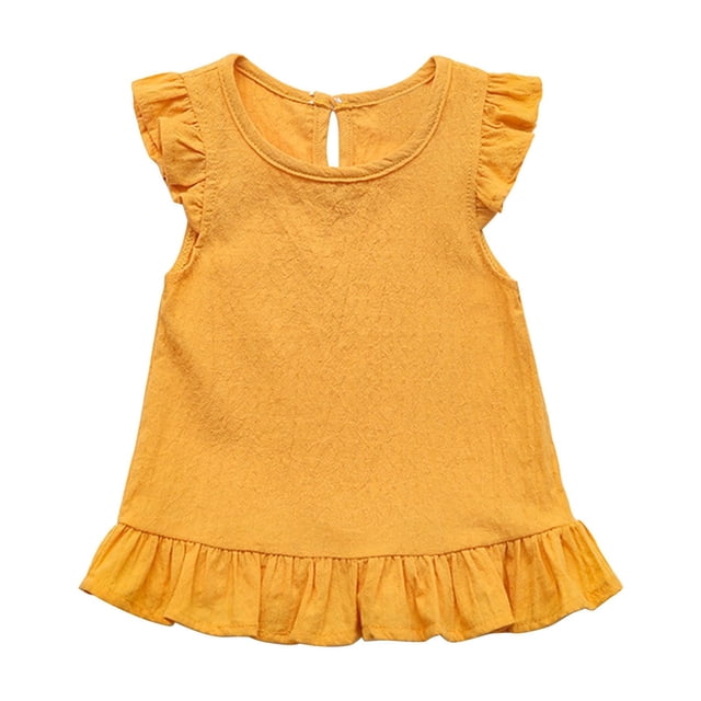 LLYWEY Toddler Girls Ruffle Tops, Baby Girl Linen Ruffles Hem Sleeveless T-Shirts, Kids Solid Color Keyhole Back Summer Round Neck Sleeveless Loose Casual Blouses Shirts, Style-T-12, Yellow, 4T