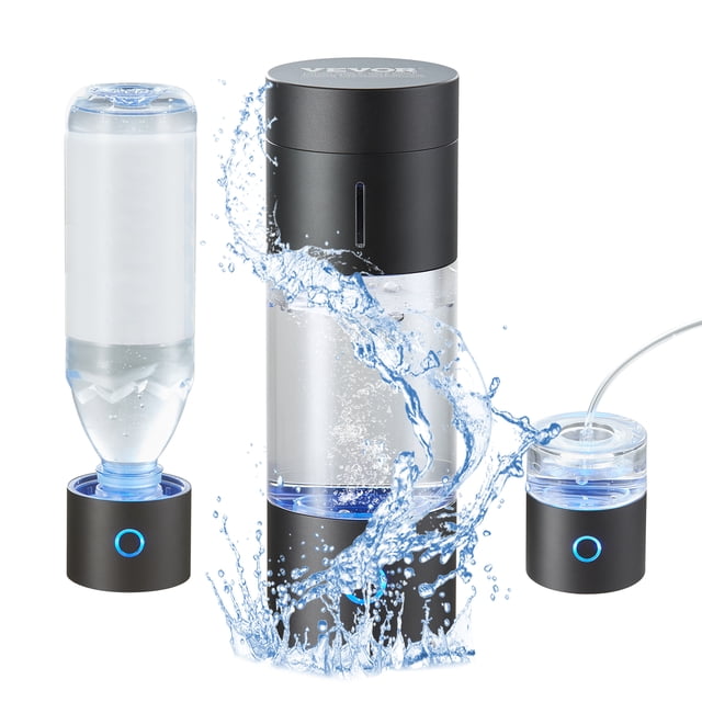 VEVOR Hydrogen Water Bottle Generator with a 230 ml (8.1 oz) capacity, shown in three configurations: a clear bottle with a black anodized aluminum lid and base, a connected mineral water bottle on the universal base, and the hydrogen inhalation setup with a nasal inhalation tube. The generator produces 3000-4500 ppb hydrogen water in 5 minutes and features a self-cleaning function. Ideal for health-conscious users, athletes, and office workers.