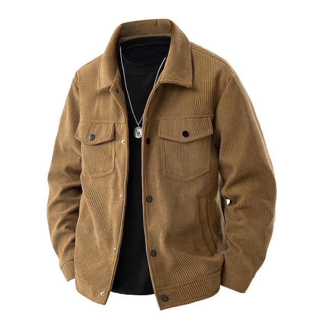 aohooy Men Corduroy Lightweight Jacket - Fall Button Up Long Sleeve Collared Shacket with Pockets Coffee,XXL