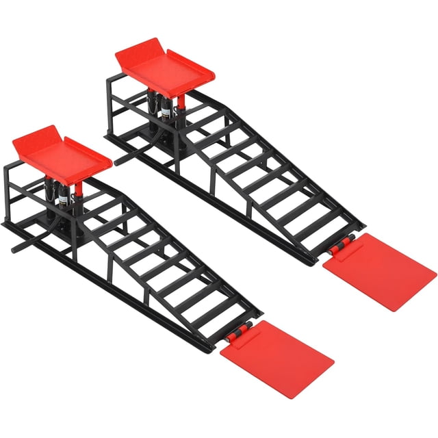 Lot de 2 Rampes Hydrauliques pour Voiture 5T/12000 Lb en Acier Robuste, Rampes de Levage pour Voiture Ajustables 9.45-13.78 Po pour Changement d'Huile et Réparation Auto Rouge