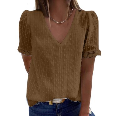 CEHVOM Mode Femmes Décontracté Uni Manches Courtes Col en V T-Shirt en Dentelle Blouse Hauts