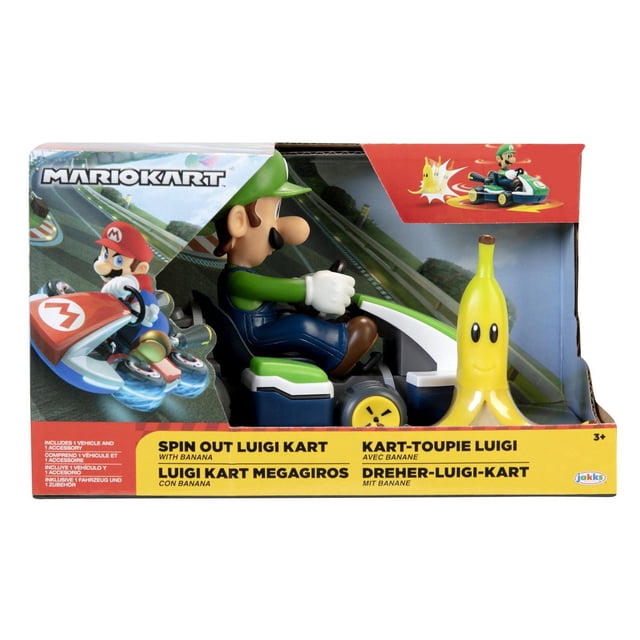 Nintendo Véhicule Luigi à Rotation avec une Figurine Luigi de 3,38 Pouces dans un Jouet Mario Kart Vert et Blanc avec Gâchettes avant et Arrière pour des Tournées à 360 Degrés, Incluant un Accessoire « banana peel », Exposé dans l'Emballage Mario Kart.