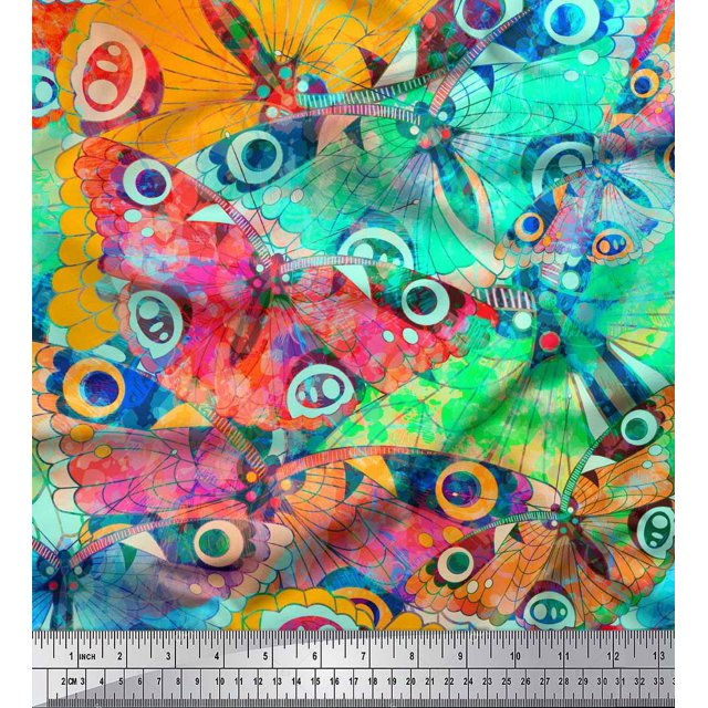 Soimoi Orange Poly Georgette Fabric Colorful Butterfly Print Fabric by Yard 42 Inch Wide