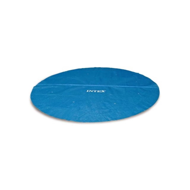 Intex 12Ft Solar Pool Cover in blue, a circular solar blanket for 12-foot diameter round pools that reduces water evaporation by up to 95% and helps keep pool water warmer, featuring the Intex logo centered.