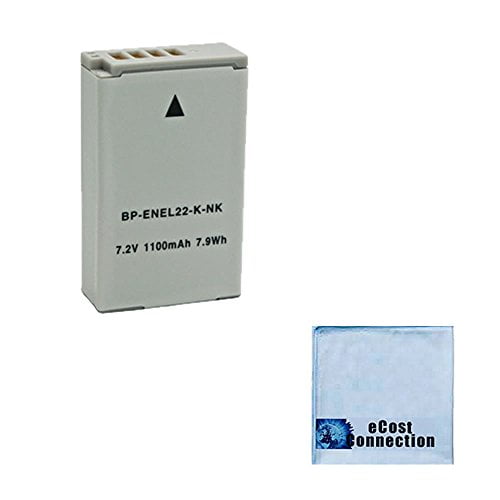 Batterie rechargeable Li-Ion EN-EL22 pour Appareils Photo Avancés Nikon 1 J4 et 1 S2, Homologuée à 1100 mAh avec Chimie au Lithium-Ion, Affichée à Côté d'Un Chiffon de Nettoyage en Microfibre eCostConnection. la Batterie a un design compact avec des Spécifications Imprimées sur Sa surface, et le Chiffon Est Bleu Pâle avec un logo dans le Coin.